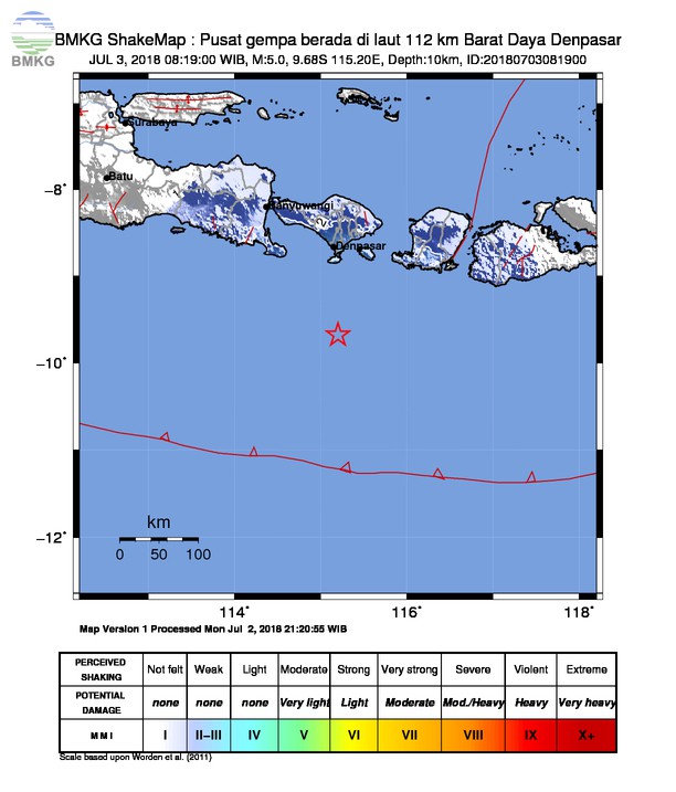 Gempabumi Tektonik M=5.0 Mengguncang Kota Denpasar, Tidak Berpotensi Tsunami
