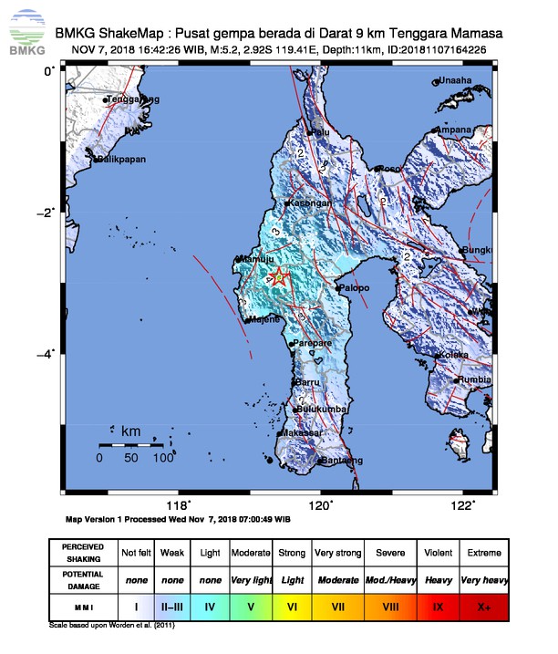 Gempabumi Tektonik M 5.2 Mengguncang Kabupaten Mamasa, Tidak Berpotensi Tsunami