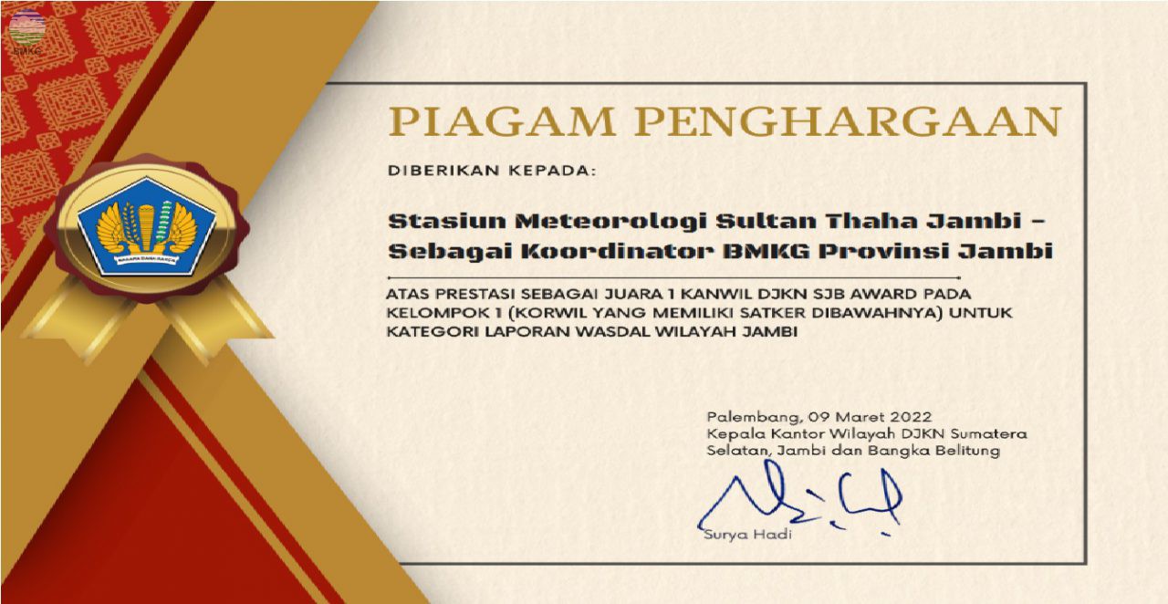 Stasiun Meteorologi Sultan Thaha Jambi Raih Penghargaan dalam Pelaporan Wasdal Kelompok I Provinsi Jambi