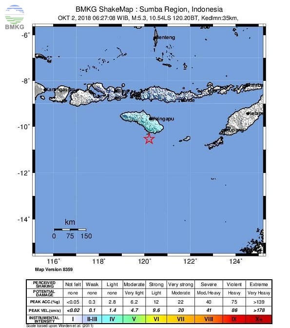 Dua Kali Gempabumi Tektonik Mengguncang Kabupaten Sumba Timur dengan Magnitudo 5.2 dan 5.3, Tidak Berpotensi Tsunami