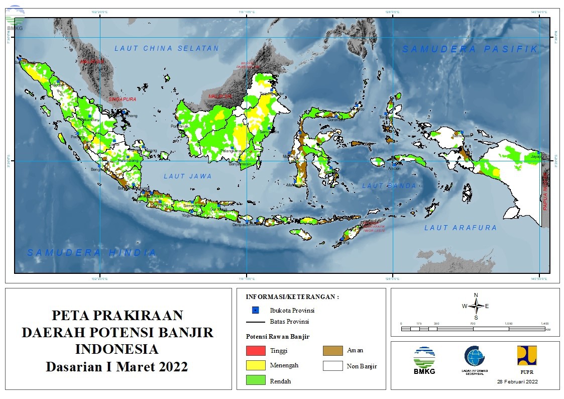 Prakiraan Daerah Potensi Banjir Dasarian I, II dan III Maret 2022