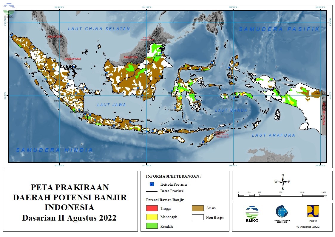 Prakiraan Daerah Potensi Banjir Dasarian II, III Agustus dan Dasarian I September 2022
