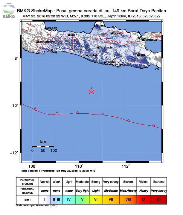 Gempabumi Tektonik M=5.1 Guncang Samudra Hindia Selatan Yogyakarta Tidak Berpotensi Tsunami