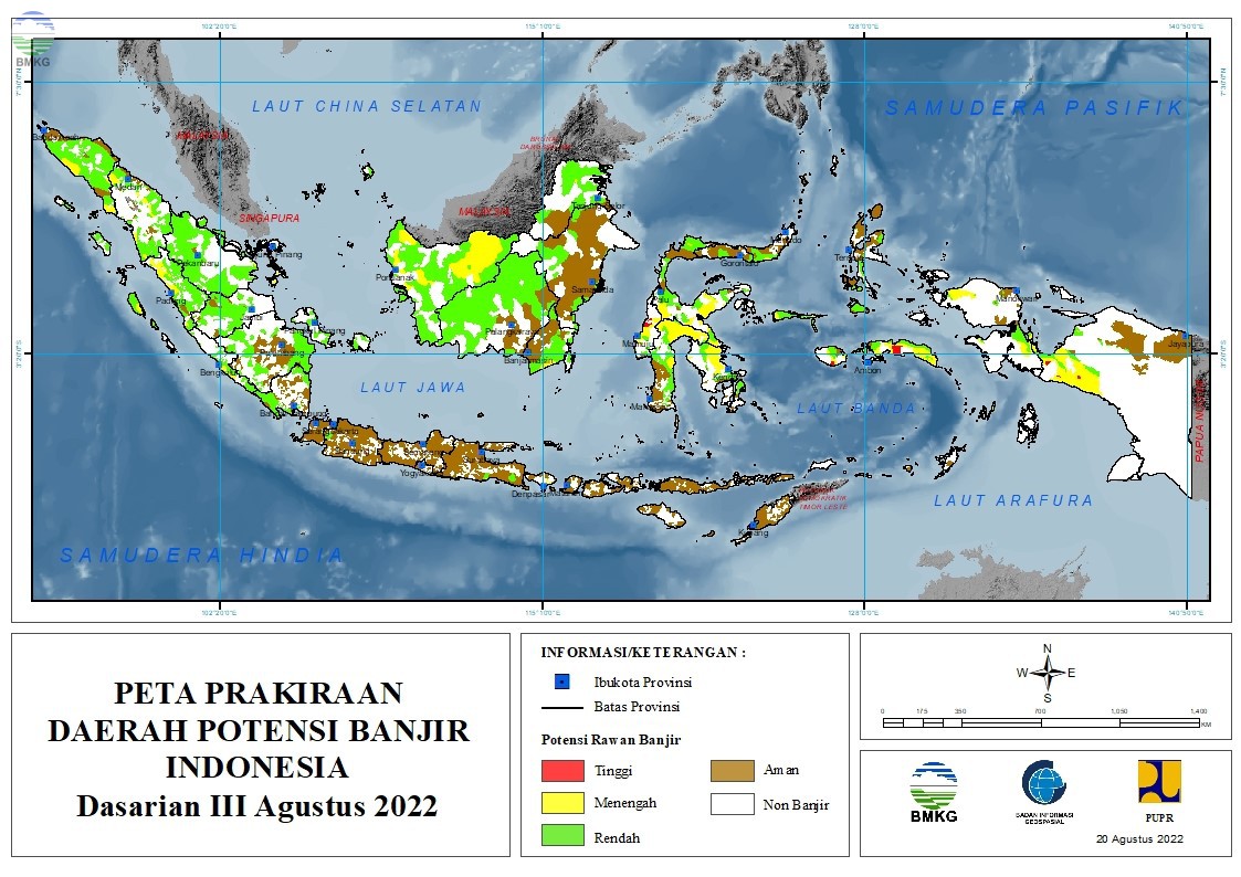 Prakiraan Daerah Potensi Banjir Dasarian III Agustus, Dasarian I & II September 2022