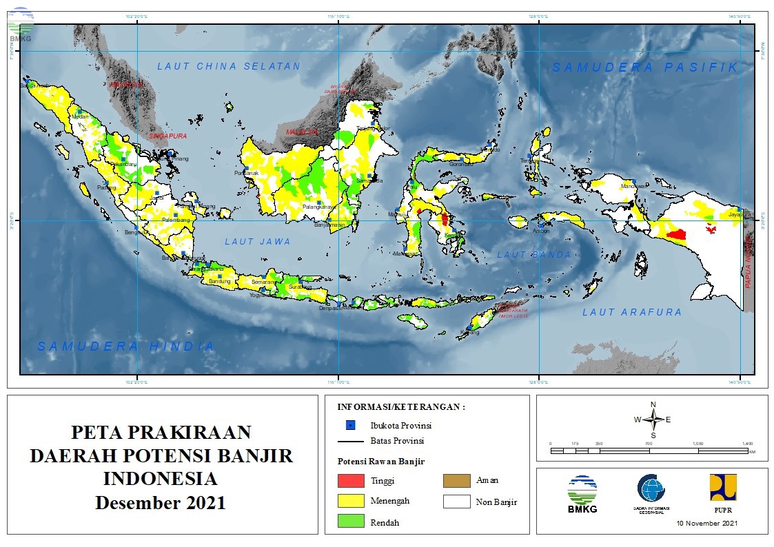 Prakiraan Daerah Potensi Banjir Bulan Desember 2021, Januari dan Februari 2022