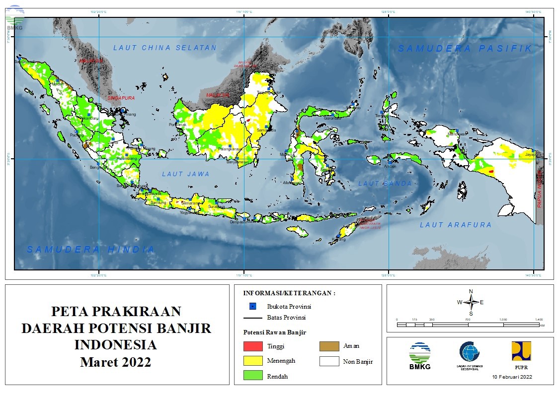 Prakiraan Daerah Potensi Banjir Bulan Maret, April, dan Mei 2022