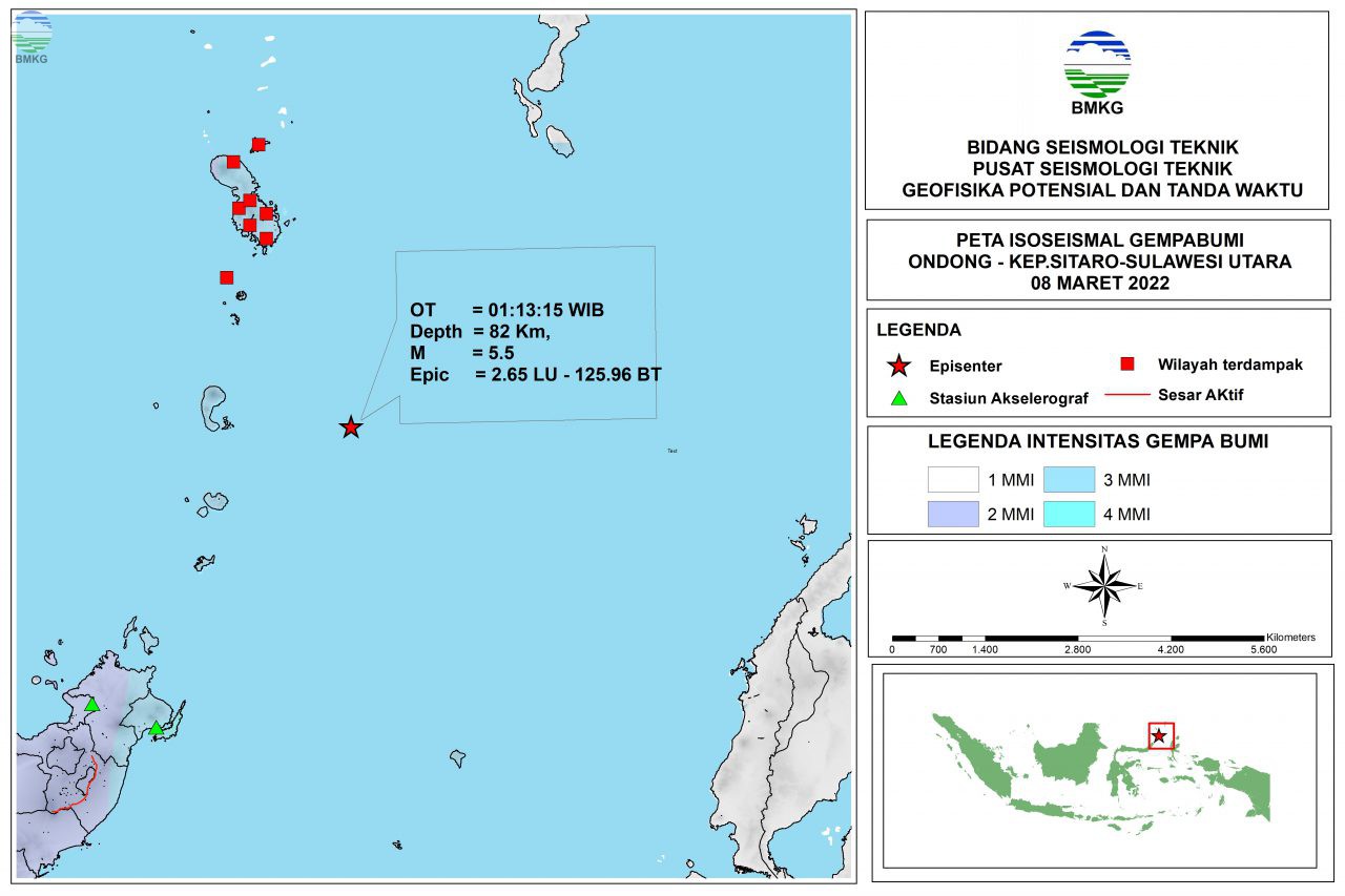 Peta Isoseismal Gempabumi Ondong - Kep. Sitaro - Sulawesi Utara, 08 Maret 2022
