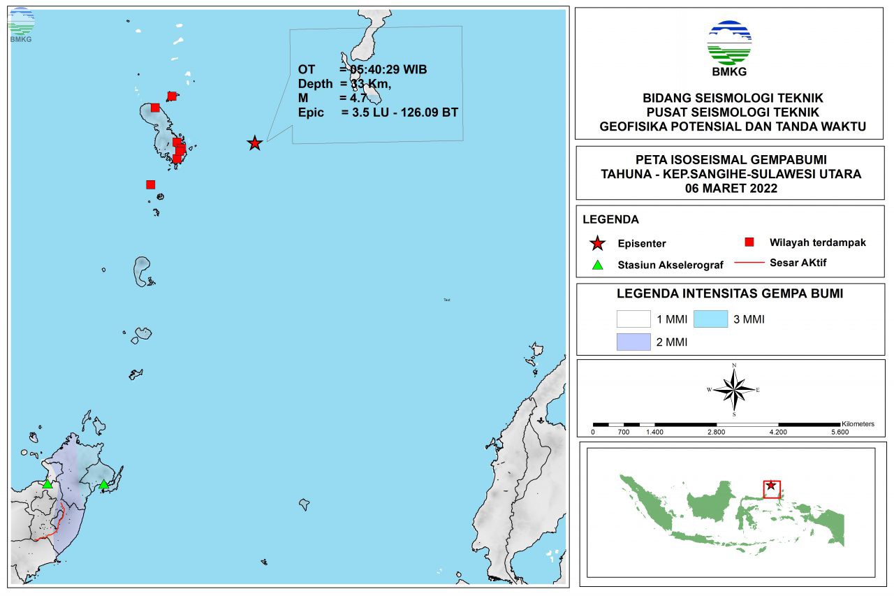 Peta Isoseismal Gempabumi Tahuna - Kep. Sangihe - Sulawesi Utara, 06 Maret 2022