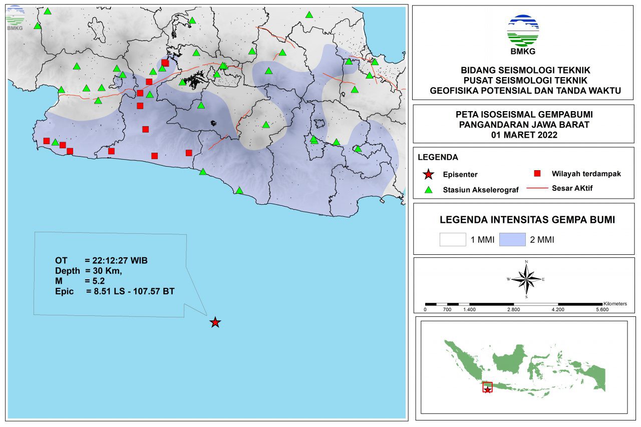 Peta Isoseismal Gempabumi Pangandaran - Jawa Barat, 01 Maret 2022