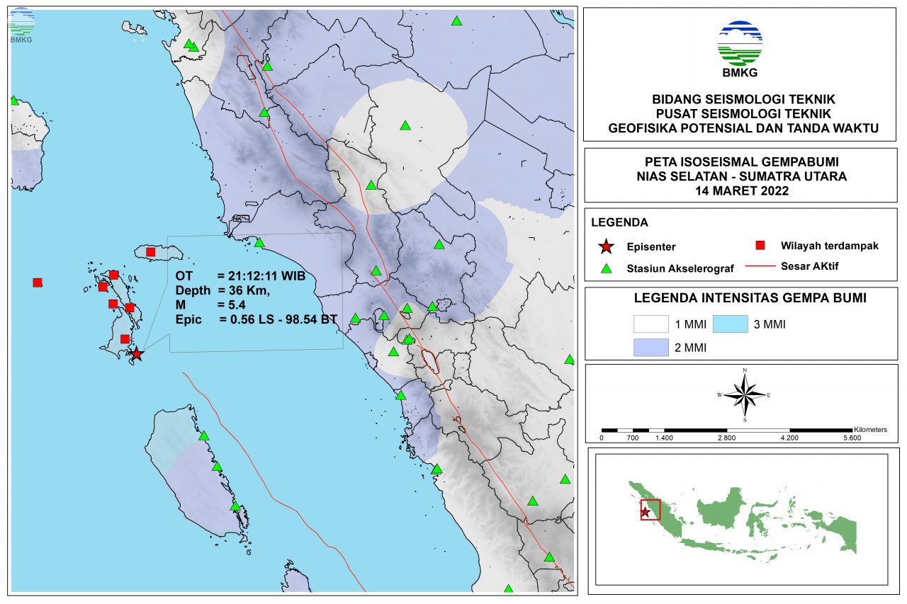 Peta Isoseismal Gempabumi Nias Selatan - Sumatra Utara, 14 Maret 2022