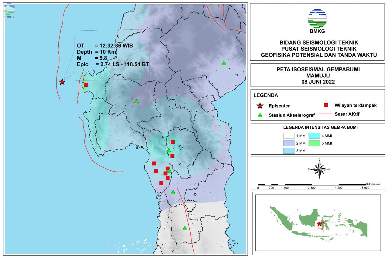 Peta Isoseismal Gempabumi Mamuju - Sulawesi Barat, 08 Juni 2022
