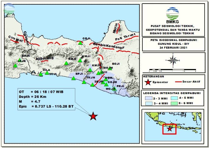 Peta Isoseismal Gempabumi Gunung Kidul - DIY, 24 Februari 2021