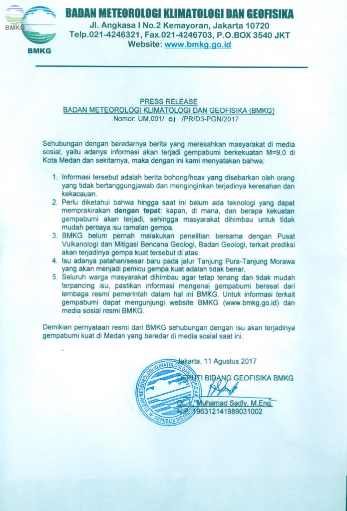 Press Release Isu Gempabumi di Medan dan Sekitarnya