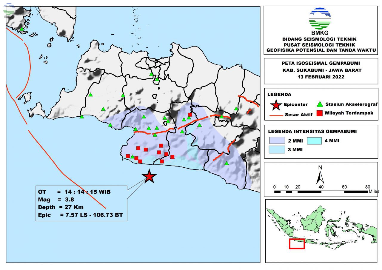 Peta Isoseismal Gempabumi Kab. Sukabumi - Jawa Barat, 13 Februari 2022