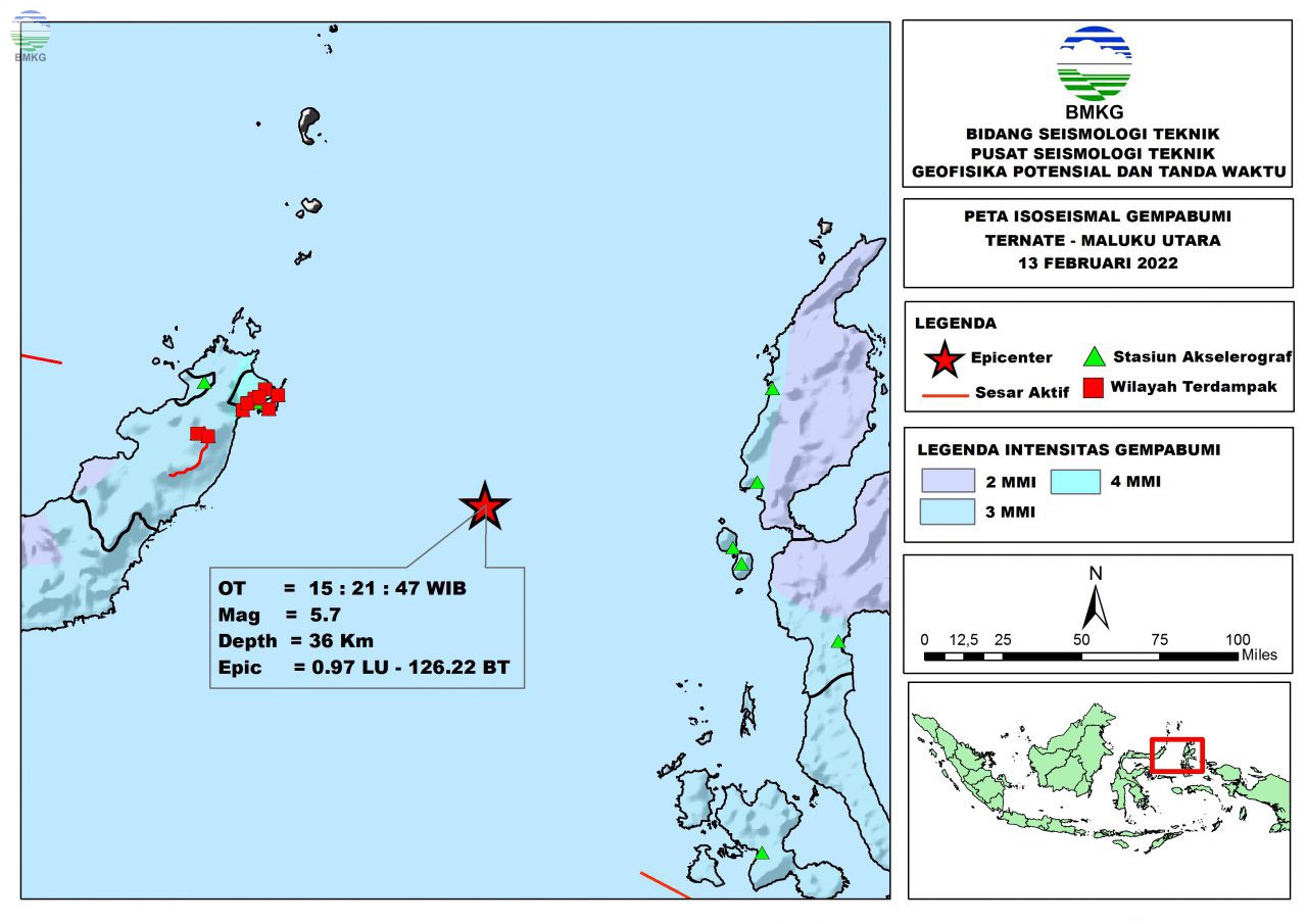 Peta Isoseismal Gempabumi Ternate - Maluku Utara, 13 Februari 2022