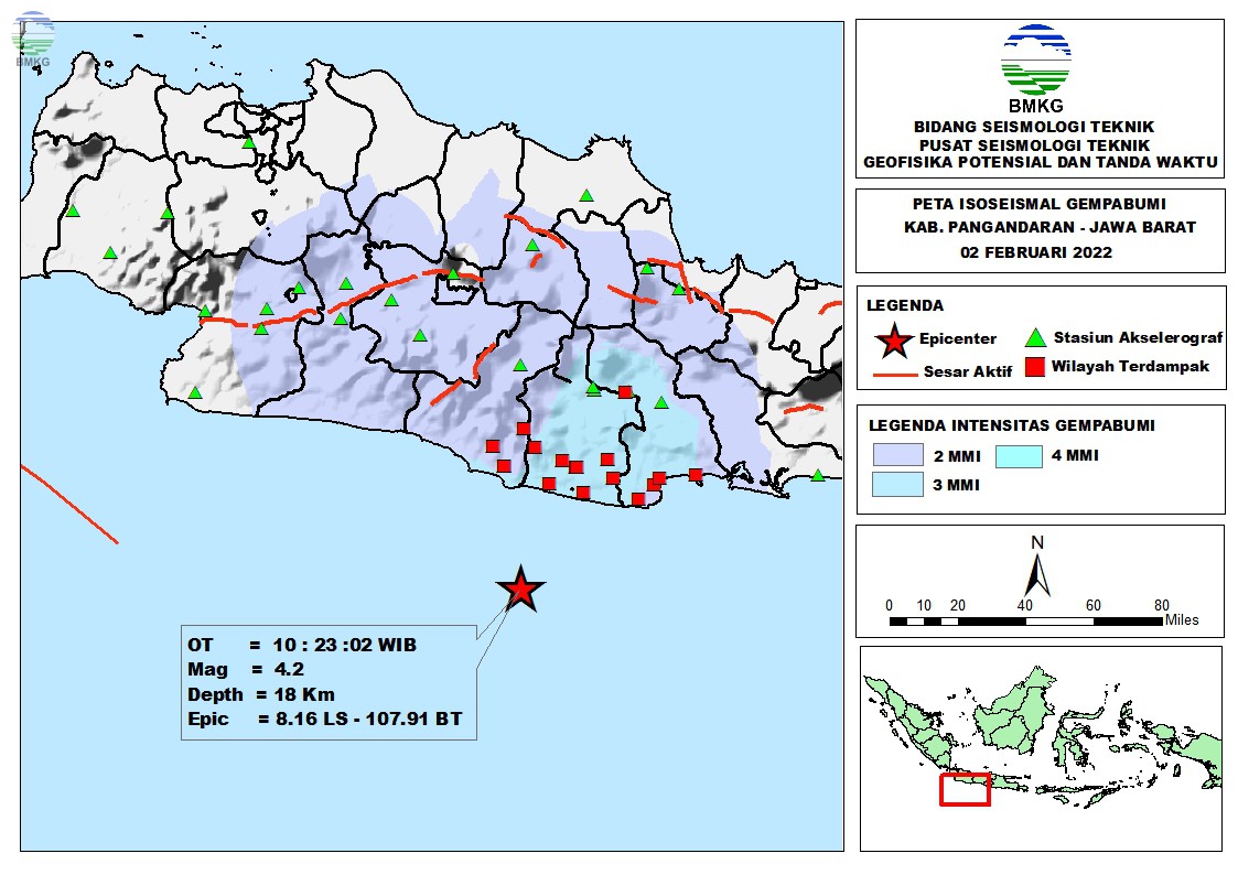 Peta Isoseismal Gempabumi Pangandaran - Jawa Barat, 02 Februari 2022