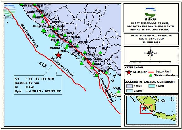 Peta Isoseismal Gempabumi Kaur, Bengkulu 10 Juni 2021