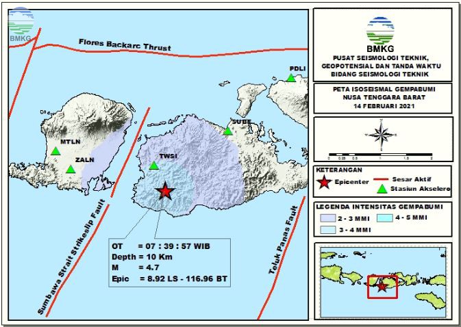 Peta Isoseismal Gempabumi Sumbawa Barat - NTB, 14 Februari 2021