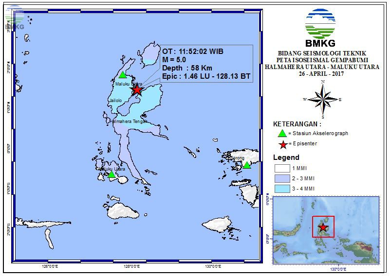 Peta Isoseismal Gempabumi Halmahera Utara - Maluku Utara 26 April 2017
