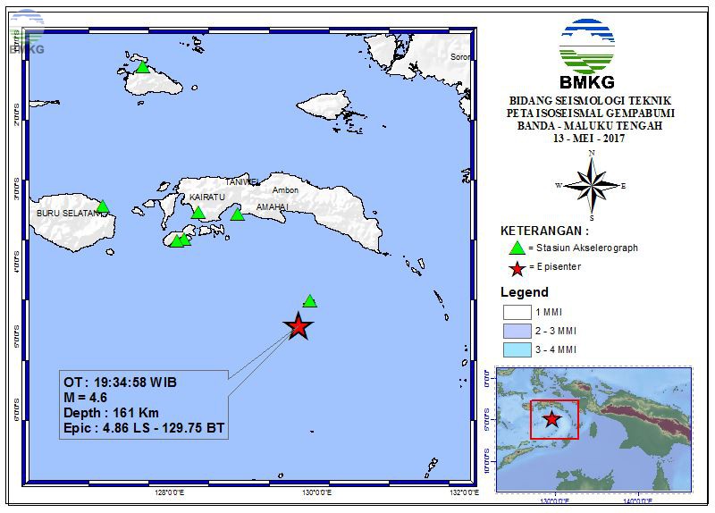 Peta Isoseismal Gempabumi Banda - Maluku Tengah 13 Mei 2017