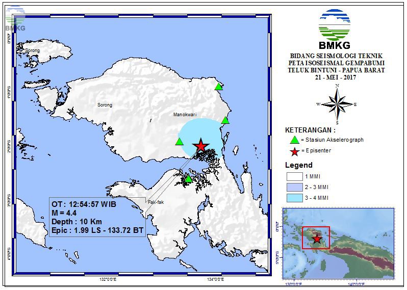 Peta Isoseismal Gempabumi Teluk Bintuni - Papua Barat 21 Mei 2017