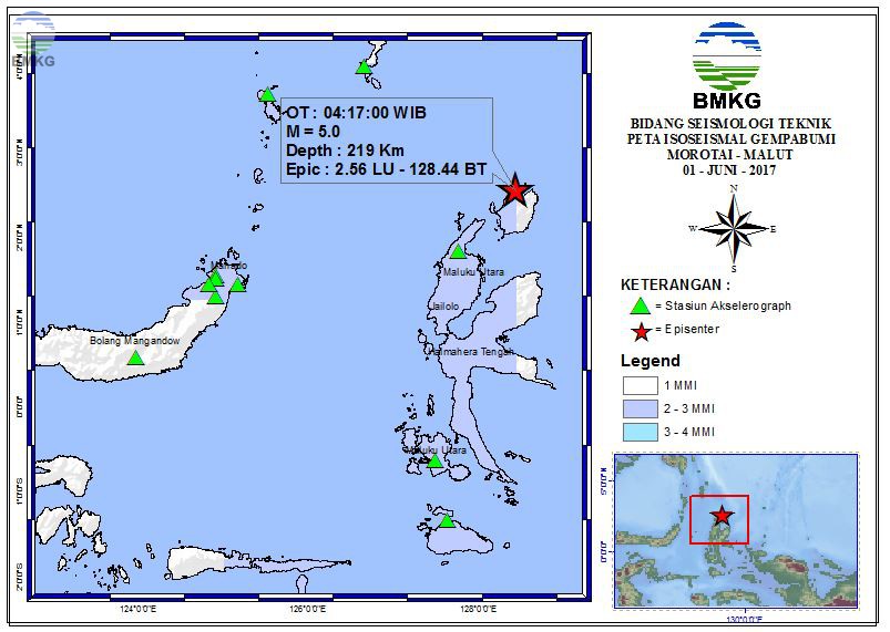 Peta Isoseismal Gempabumi Pulau Morotai - Maluku Utara 01 Juni 2017