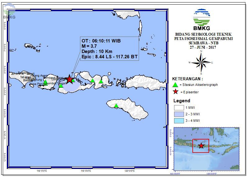 Peta Isoseismal Gempabumi Sumbawa - NTB 27 Juni 2017