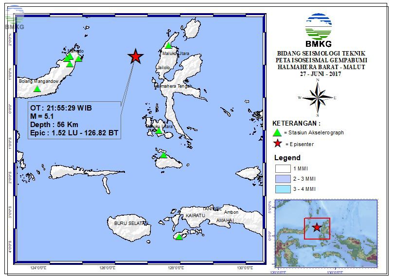 Peta Isoseismal Gempabumi Halmahera Barat - Malut 27 Juni 2017