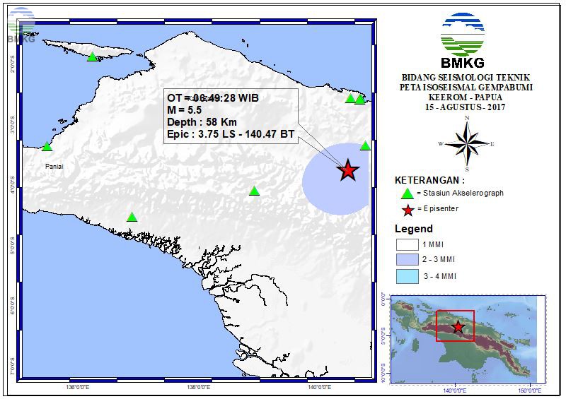 Peta Isoseismal Gempabumi Keerom - Papua 15 Agustus 2017