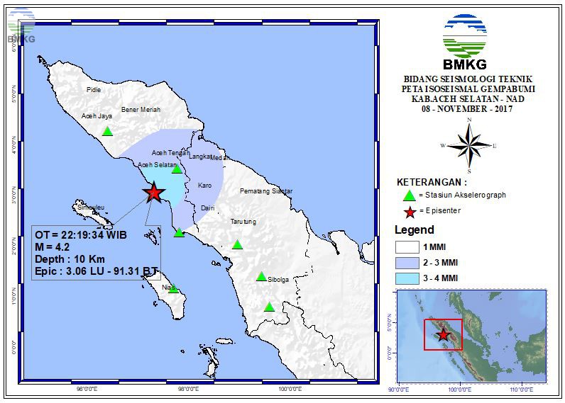 Peta Isoseismal Gempabumi Kab.Aceh Selatan - NAD 08 November 2017