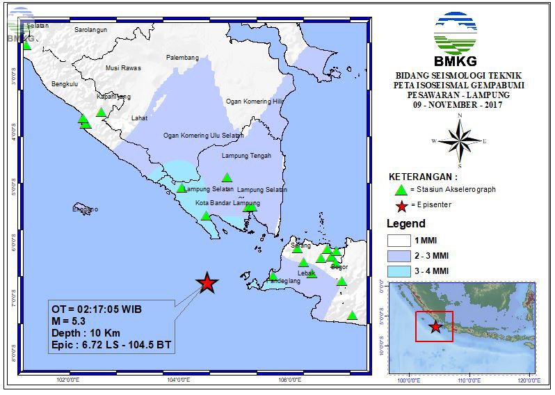Peta Isoseismal Gempabumi Pesawaran - Lampung 09 November 2017