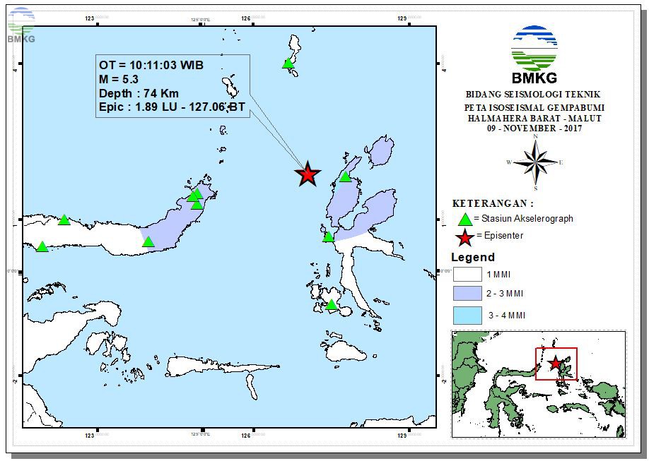 Peta Isoseismal Gempabumi Halmahera Barat - Maluku Utara 09 November 2017