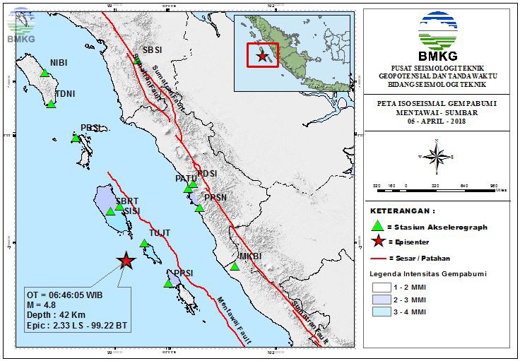 Peta Isoseismal Gempabumi Mentawai - Sumbar 05 April 2018