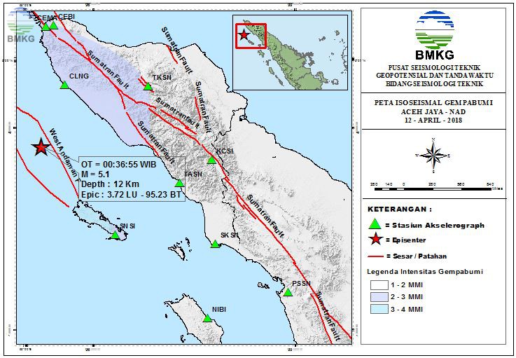 Peta Isoseismal Gempabumi Aceh Jaya - NAD 12 April 2018