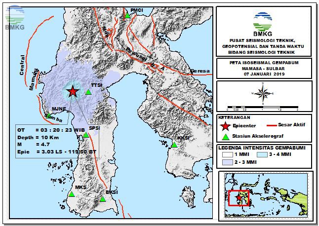 Peta Isoseismal Gempabumi Mamasa - Sulbar 07 Januari 2019