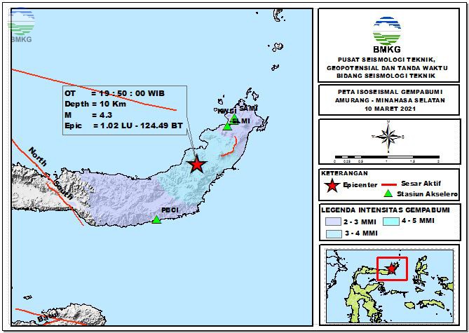 Peta Isoseismal Gempabumi Amurang - Minahasa Selatan, 10 Maret 2021