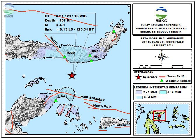 Peta Isoseismal Gempabumi BoneBolango - Gorontalo, 13 Maret 2021