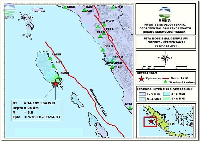 Peta Isoseismal Gempabumi Kep.Mentawai - Sumatera Barat, 05 Maret 2021
