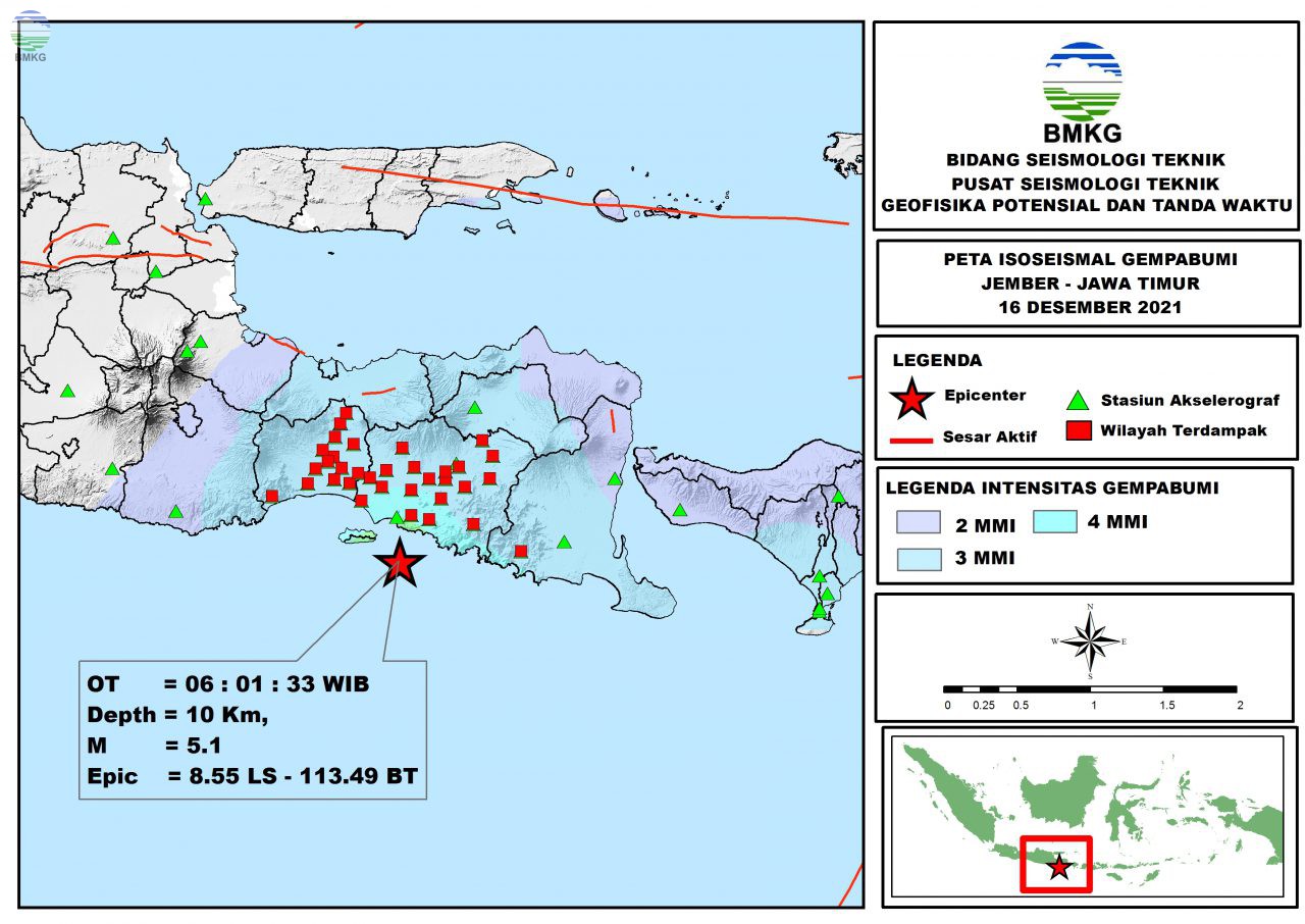 Peta Isoseismal Gempabumi Jember, Jawa Timur 16 Desember 2021