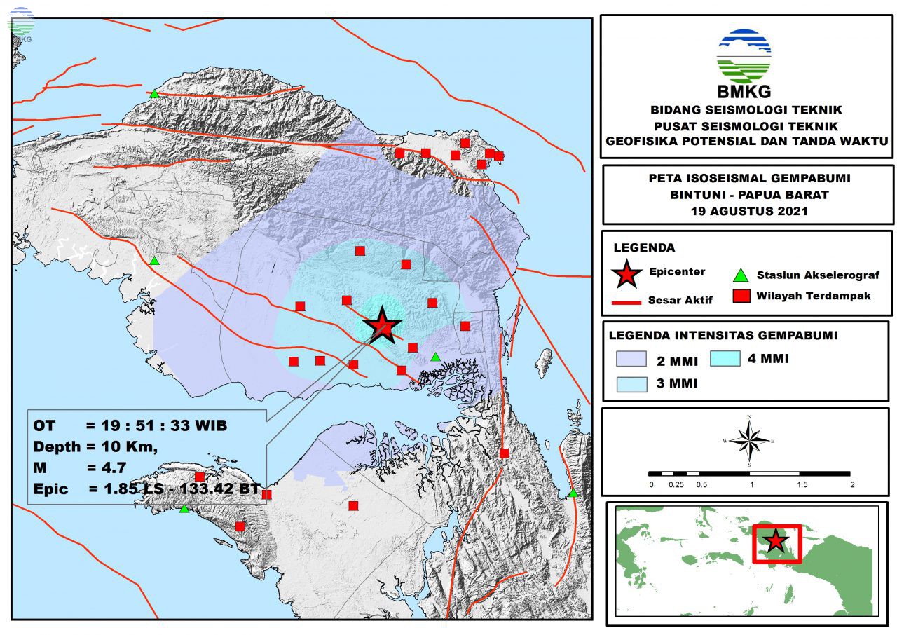 Peta Isoseismal Gempabumi Bintuni, Papua Barat 19 Agustus 2021