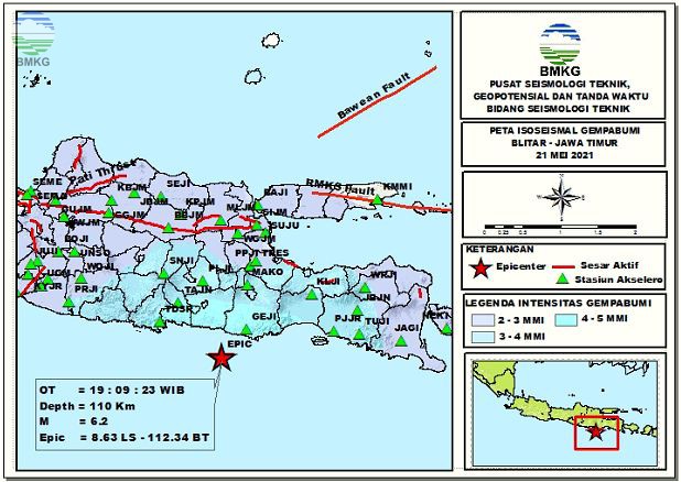 Peta Isoseismal Gempabumi Blitar, Jawa Timur 21 Mei 2021