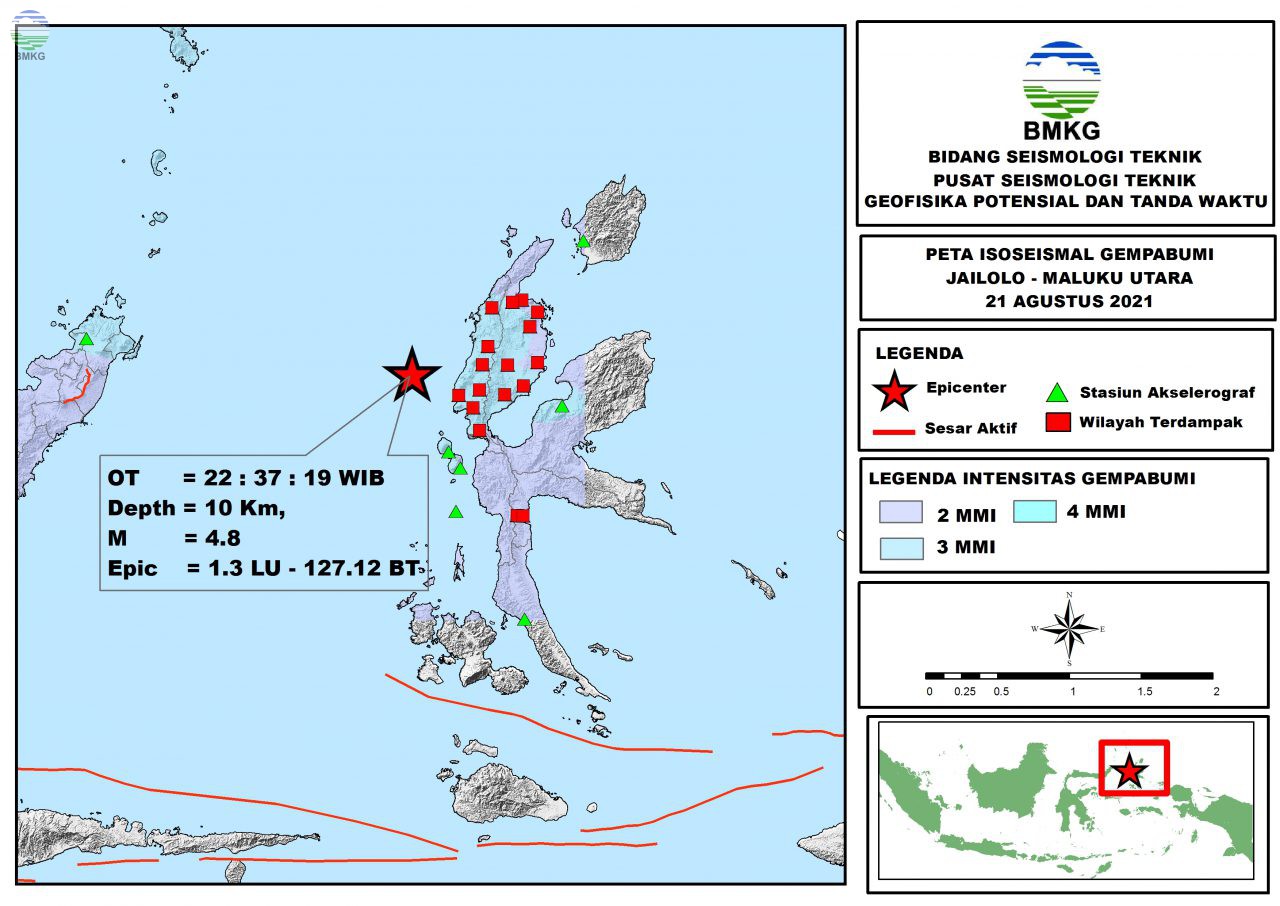 Peta Isoseismal Gempabumi Jailolo, Maluku Utara 21 Agustus 2021