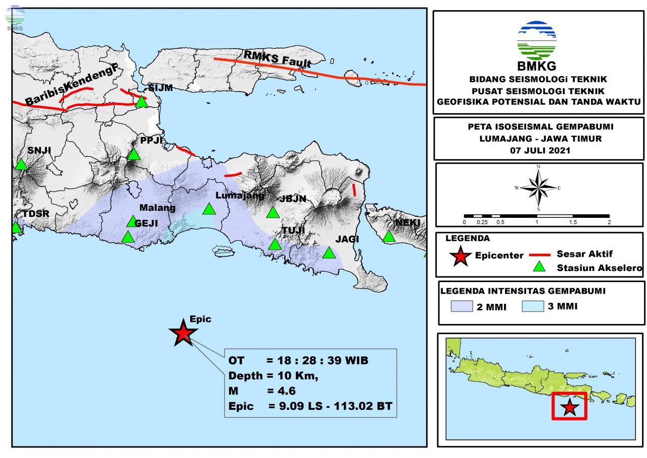 Peta Isoseismal Gempabumi Lumajang, Jawa Timur 07 Juli 2021