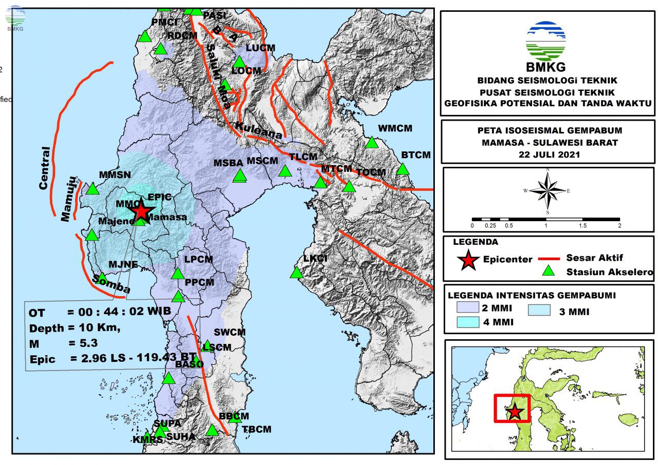 Peta Isoseismal Gempabumi Mamasa, Sulawesi Barat 22 Juli 2021