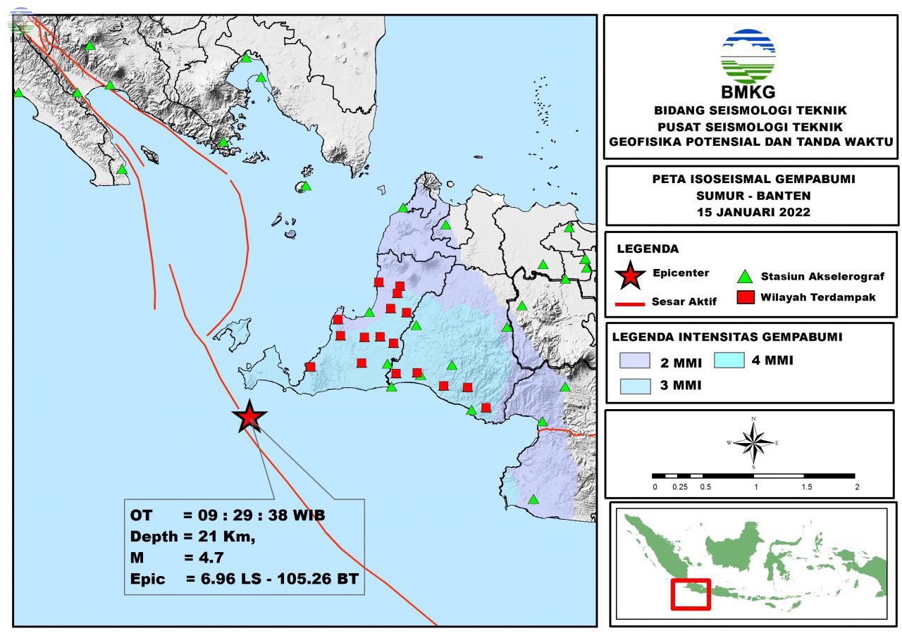 Peta Isoseismal Gempabumi Sumur - Banten, 15 Januari 2022
