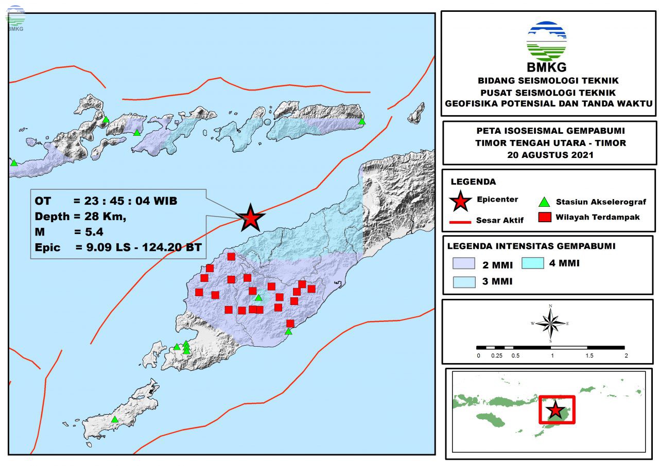 Peta Isoseismal Gempabumi Timor Tengah Utara, Timor 20 Agustus 2021