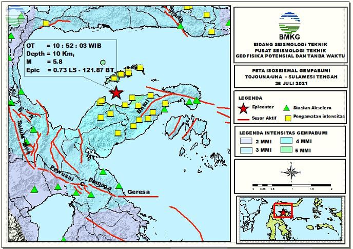 Peta Isoseismal Gempabumi TojoUna-Una, Sulawesi Tengah 26 Juli 2021