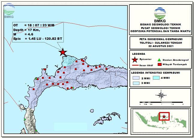 Peta Isoseismal Gempabumi ToliToli, Sulawesi Tengah 22 Agustus 2021