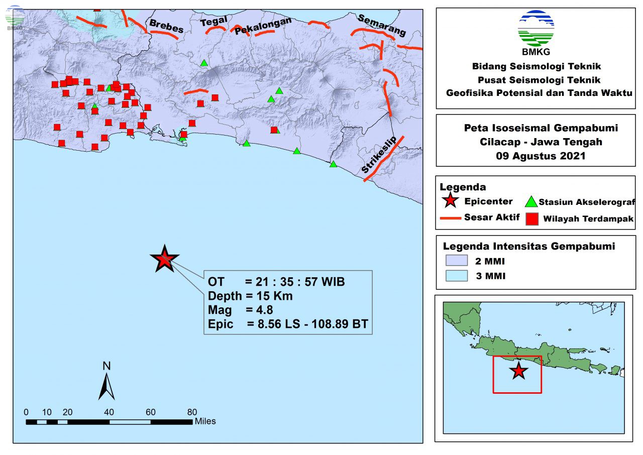 Peta Isoseismal Gempabumi Cilacap, Jawa Barat 09 Agustus 2021