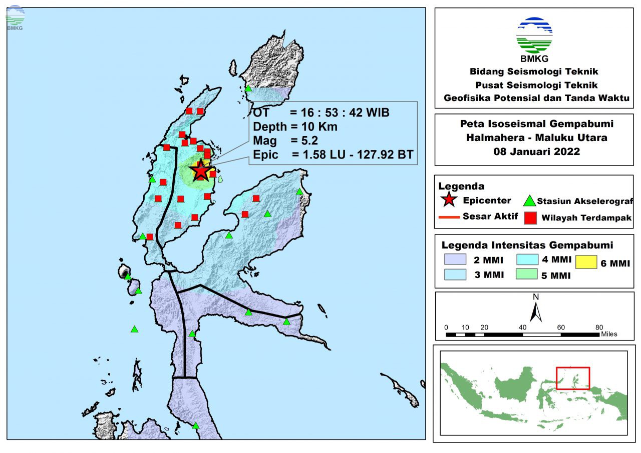 Peta Isoseismal Gempabumi Halmahera - Maluku Utara, 08 Januari 2022